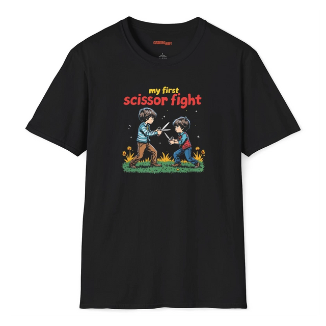 Black t-shirt with a graphic of two children playing and text 'my first scissor fight' on a white background.
