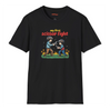Black t-shirt with a graphic of two children playing and text 'my first scissor fight' on a white background.