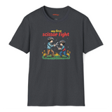 Gray t-shirt with a graphic design and text 'my first scissor fight' on a white background