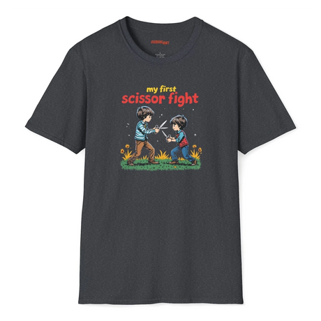 Gray t-shirt with a graphic design and text 'my first scissor fight' on a white background