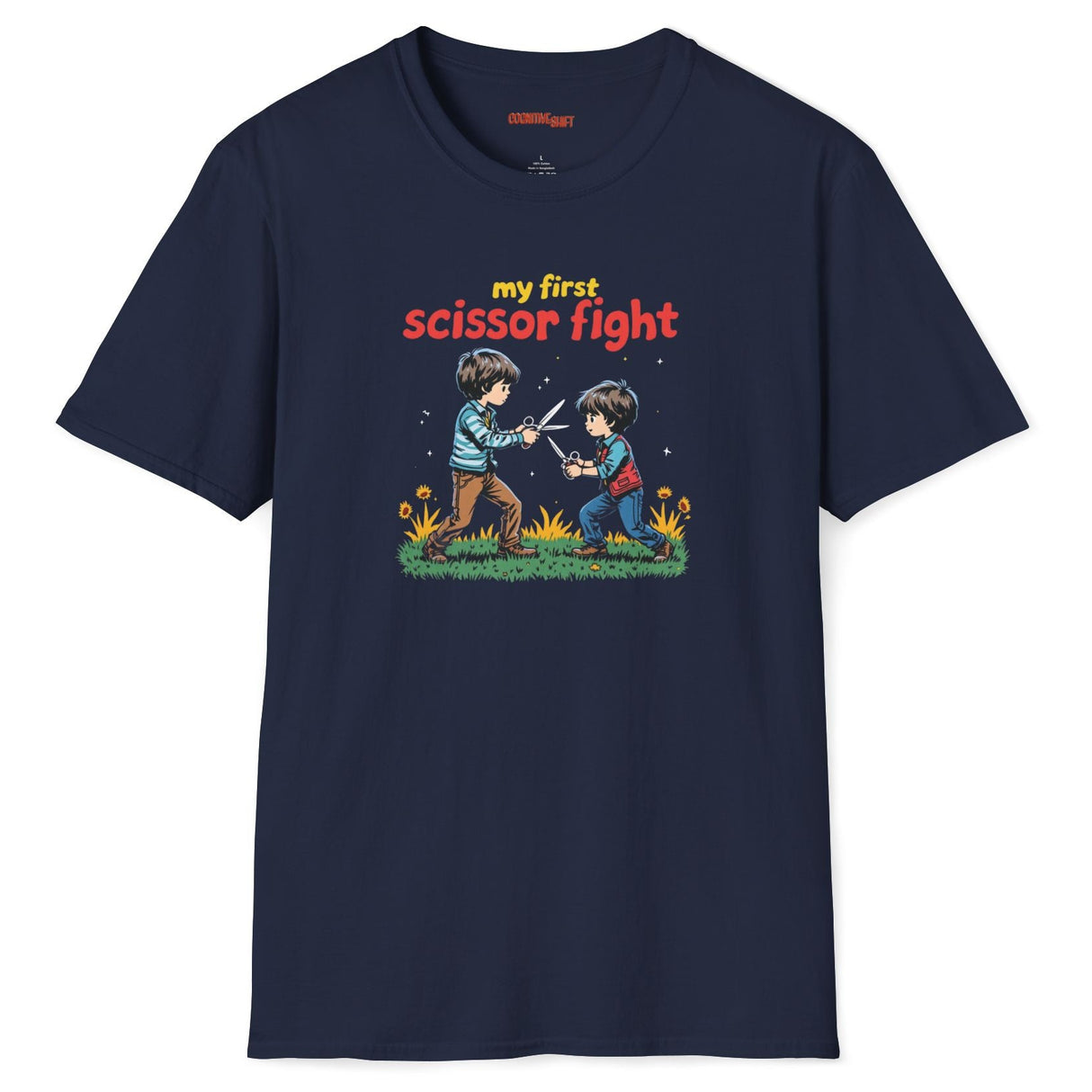 Navy blue t-shirt with a graphic of two children playing and text 'my first scissor fight' on a white background.