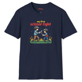 Navy blue t-shirt with a graphic of two children playing and text 'my first scissor fight' on a white background.