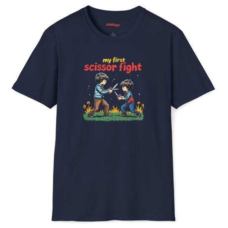 Navy blue t-shirt with a graphic of two children playing and text 'my first scissor fight' on a white background.