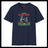 Navy blue t-shirt with a graphic of two children playing and text 'my first scissor fight' on a white background.