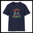 Navy blue t-shirt with a graphic of two children playing and text 'my first scissor fight' on a white background.