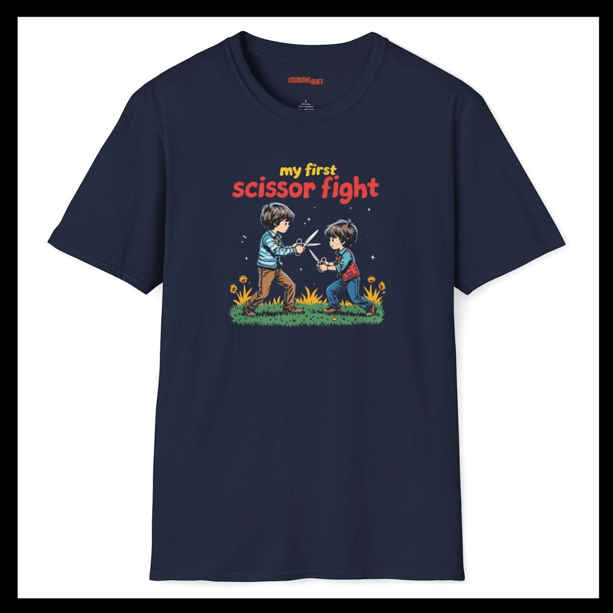 Navy blue t-shirt with a graphic of two children playing and text 'my first scissor fight' on a white background.