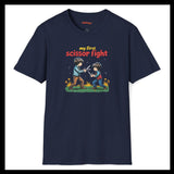 Navy blue t-shirt with a graphic of two children playing and text 'my first scissor fight' on a white background.