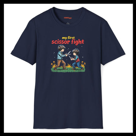 Navy blue t-shirt with a graphic of two children playing and text 'my first scissor fight' on a white background.