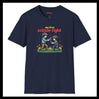 Navy blue t-shirt with a graphic of two children playing and text 'my first scissor fight' on a white background.