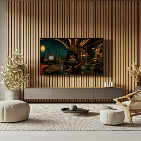 A large framed wall art print featuring a retro-futuristic sci-fi scene with a spaceship and glowing consoles, displayed on a wood slat wall above a gray media console in a modern living room setting.