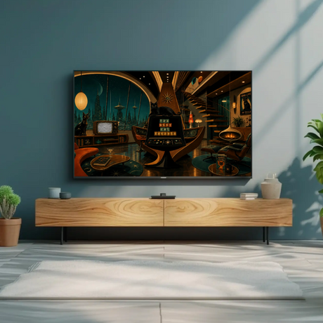 A modern living room scene with a large flat-screen TV mounted on a blue-gray wall above a light wood console. The TV displays a dark sci-fi interior scene.