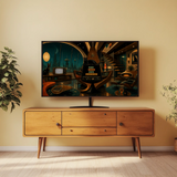 A large flat-screen TV displaying a futuristic sci-fi interior scene, placed on a mid-century modern wooden console cabinet against a warm beige wall with potted plants on both sides.