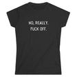 womens no reason fuck off text on back shirt flat lay with black background